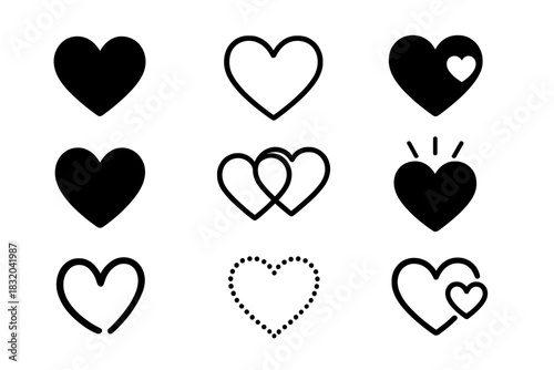 Various heart symbols in different designs showcasing love and affection