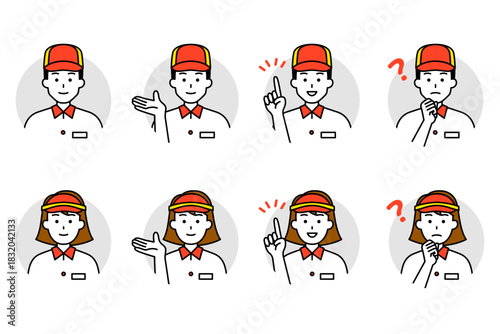 ファストフード店の男女の店員のアイコンセット