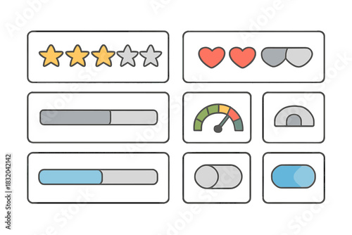 UI elements showing ratings, toggles, and progress indicators for user interface design
