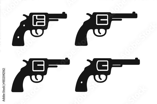 Different views of a classic revolver design in black silhouettes on a white background