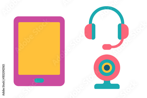 Gadgets for online communication, showing a tablet, headset, and webcam suitable for virtual meetings