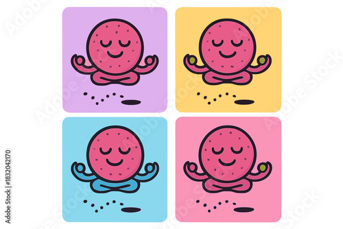 Cute peaceful octopus meditating in colorful squares promoting relaxation and mindfulness