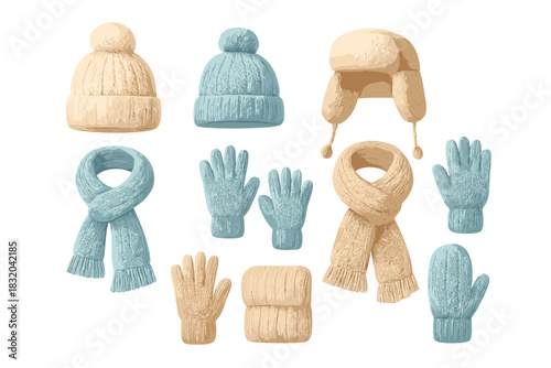 Warm winter accessories for cold weather including hats, gloves, and scarves in soft colors