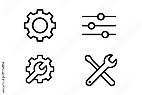 Gear and tool icons representing mechanical engineering and technical adjustments in design