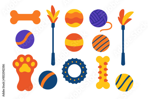 Colorful collection of pet toys including balls, strings, and chews displayed on a white background