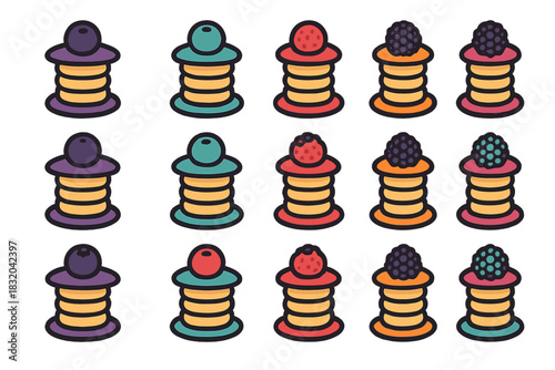 Colorful stack of pancakes with berries arranged in a playful pattern on a white background showcasing delightful breakfast options