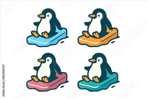 Cute penguins sliding on colorful ice blocks in a playful winter setting