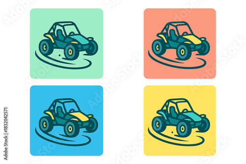 Colorful illustrations of go-karts displaying speed and excitement on bright backgrounds in a playful design