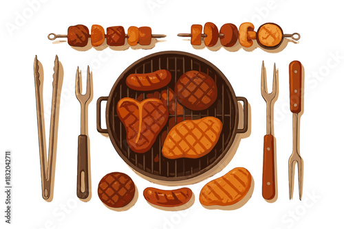 Grilling meat and sausages with skewers on a barbecue, perfect for summer outdoor gatherings and parties