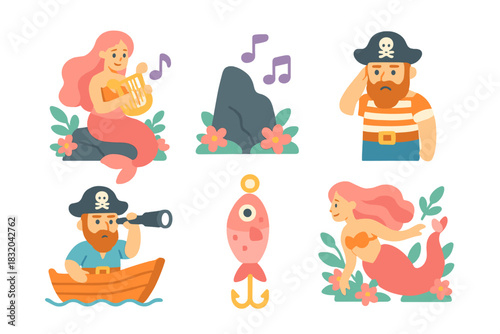 Creative sea adventure with a mermaid playing harp and pirates enjoying their journey on a sunny day