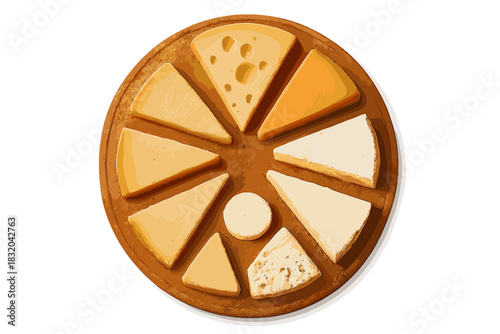 Assorted cheese platter featuring various shapes and colors arranged on a round wooden board