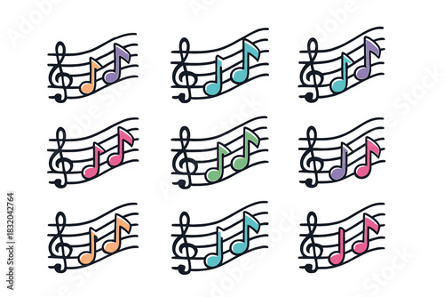 Colorful music notes on sheet music create a lively pattern ideal for artistic projects and musical themes