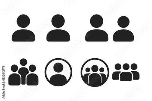 Different styles of user icons representing individuals and groups for digital platforms and applications showcasing community interactions