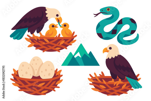 Colorful illustration of eagles, snakes, and nests set against a mountain backdrop highlighting wildlife interactions