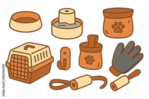 Pet care tools and supplies for grooming and feeding pets at home in a cozy environment