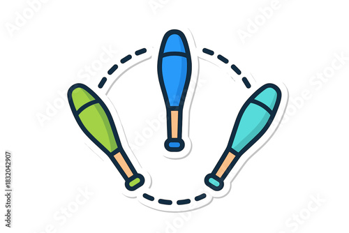 Colorful juggling clubs in motion during a fun circus performance outdoors on a sunny day