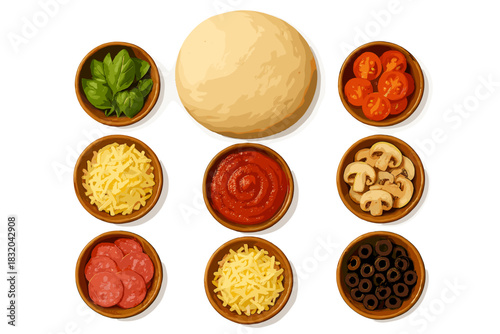 Delicious pizza preparation with fresh ingredients arranged around dough on a white background