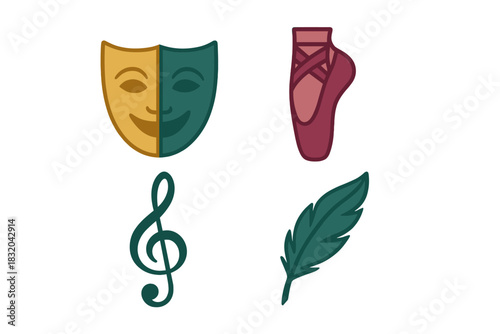 Symbols of performing arts: a mask, ballet shoe, treble clef, and quill representing creativity and expression