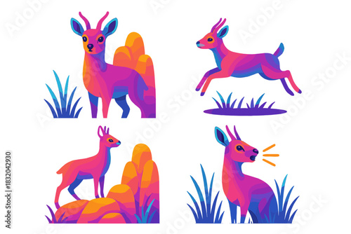Colorful illustrations of playful deer in a vibrant landscape with grass and rocks during a sunny day