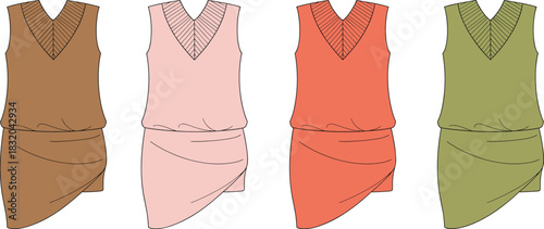 Four sleeveless v-neck dresses in brown pink coral and green with draped skirts fashion