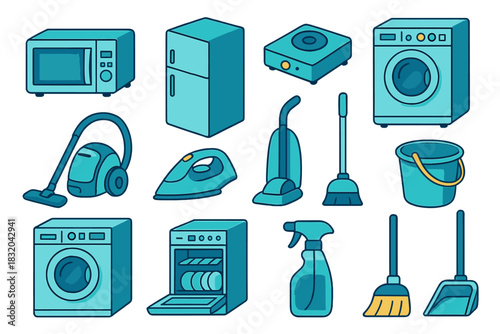 Various household appliances and cleaning tools arranged in a neat, colorful layout showcasing modern utility items for daily chores