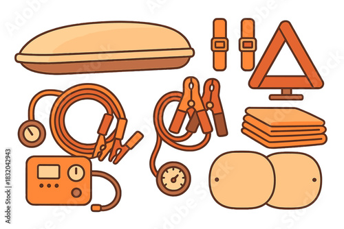 Equipment for emergency situations including a first aid kit, jumper cables, and a triangular warning sign