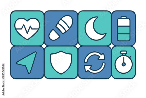 Health and wellness app features shown through modern icon design in calming color palette