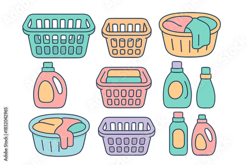 Colorful laundry baskets and detergent bottles arranged in a neat layout, representing home cleaning and organization activities