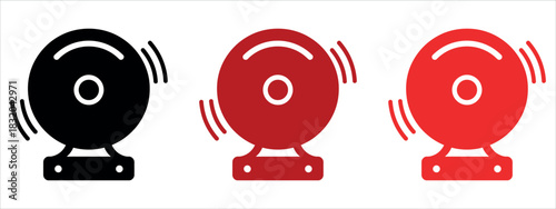 Emergency alert with ringing school bell symbols in black and red for education safety concepts and design elements, warning alarm sign icon set.