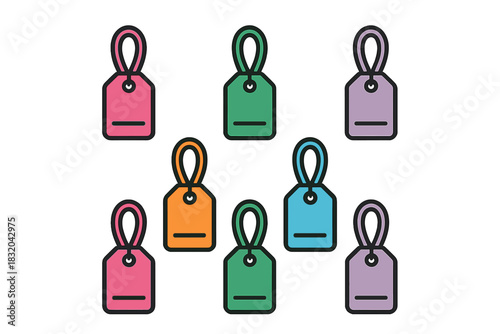 Colorful tags arranged in a grid pattern showing variety in design and purpose for labeling