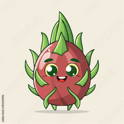 Cute Dragon Fruit Cartoon Character with Big Eyes and Smile.
