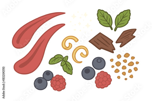 Colorful arrangement of fresh ingredients for a gourmet dish with berries, herbs, and spices