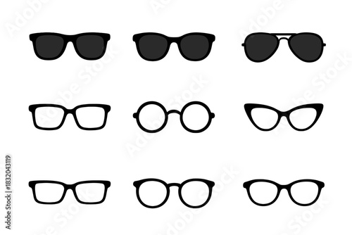 Various styles of sunglasses displayed in a simple layout for fashion enthusiasts and designers