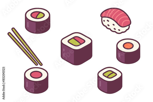 Sushi rolls and nigiri on a white background featuring colorful ingredients and chopsticks for a fresh culinary experience