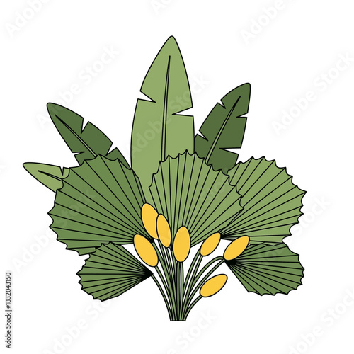 Stylized botanical illustration of tropical foliage and golden seed pods in vivid greens