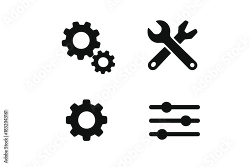 Tools and gears representing maintenance and adjustments for various mechanical systems in a simple design format