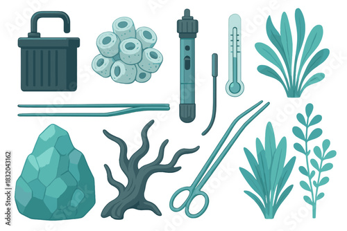 Essential aquarium tools and decorations for aquatic plant care and maintenance