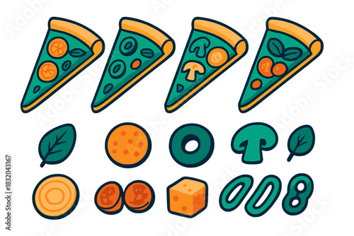 Different types of pizza slices with various toppings and ingredients displayed in a colorful arrangement