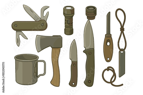 Collection of outdoor tools and equipment including knives, flashlight, and multitool on a plain background