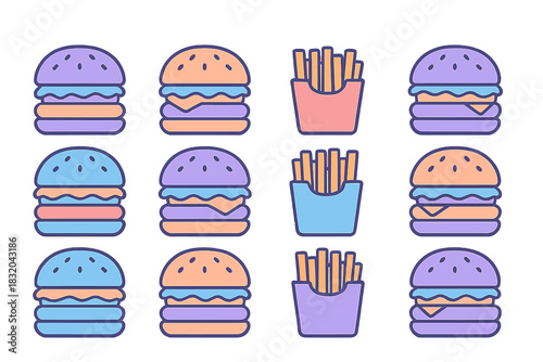 Colorful burger and fries pattern on a white background showcasing popular fast food items