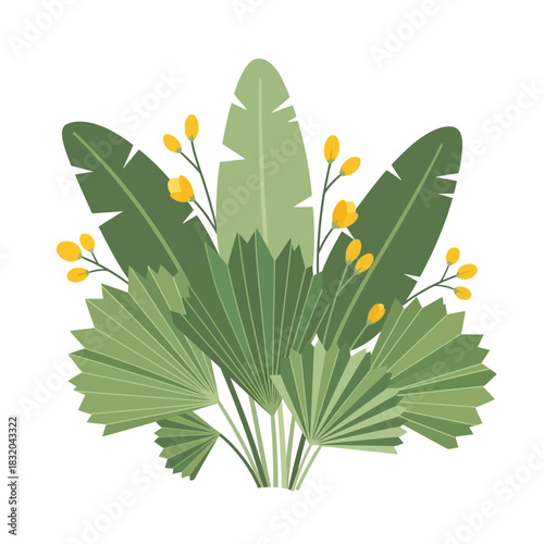 Elegant botanical arrangement displaying lush green foliage and subtle yellow accents creating a