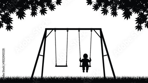 Silhouette of a child on a swing set under leafy branches and grass girl