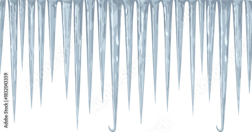 Row of hanging translucent ice icicles with varying lengths and pointed tips winter