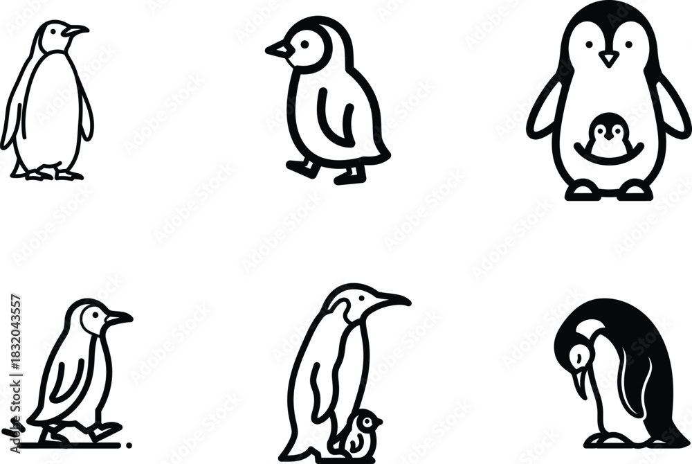 Fototapeta premium Penguin Family in Black and White Vector Illustration A collection of penguin icons in different poses showcasing penguin behavior and family dynamics in a minimalist design style