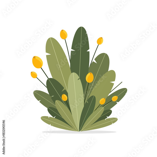 Stylized botanical illustration showcasing verdant foliage and vibrant yellow floral elements art
