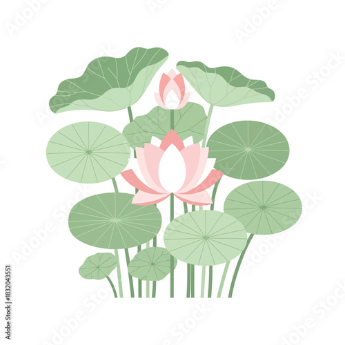 Elegant lotus blossom illustration with lush leaves offering serene beauty and peacefulness in