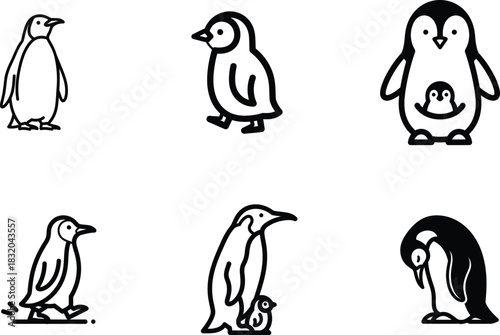 Penguin Family in Black and White Vector Illustration A collection of penguin icons in different poses showcasing penguin behavior and family dynamics in a minimalist design style
