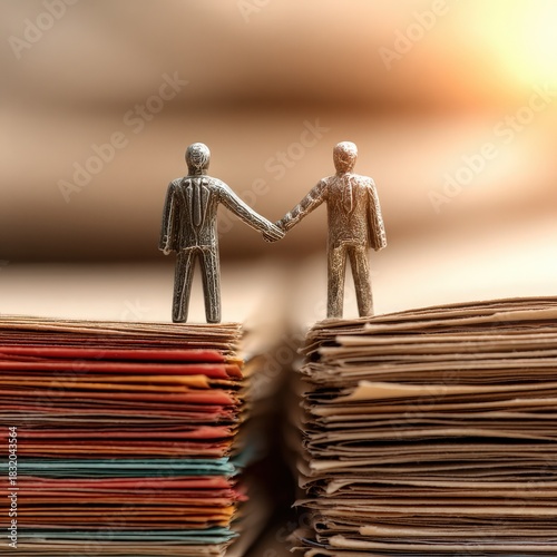 Two Silver Figurines Shaking Hands on Top of Stacked Papers