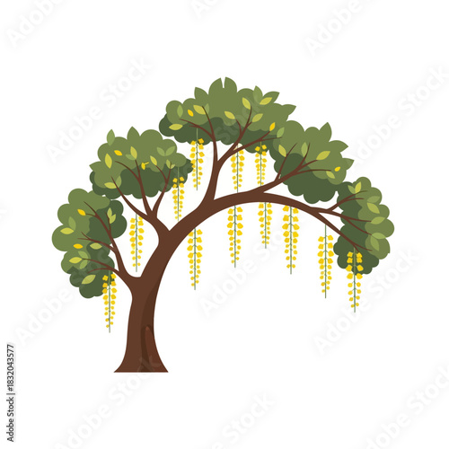 Stylized wisteria laden tree exhibiting cartoonish charm and whimsical botanical features