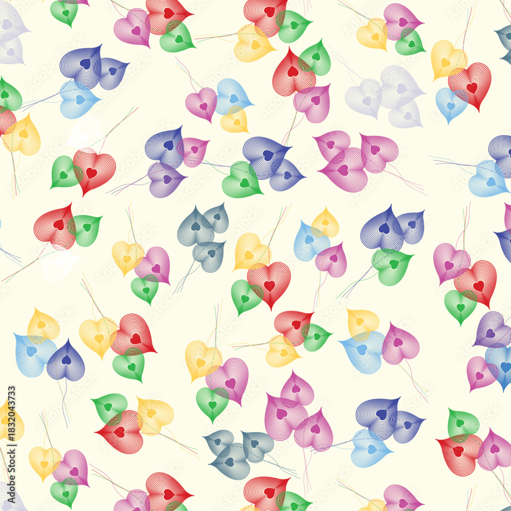 Obraz premium Multicolored Geometric Hanging Hearts Vector Wallpaper, Festive Valentine’s Day Design with Linear Hearts